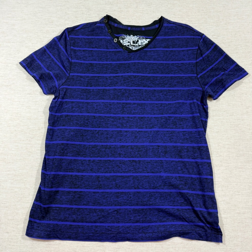 Helix Henley Shirt Mens XL Blue Good Striped Short Sleeve Cotton Slub Knit 0464